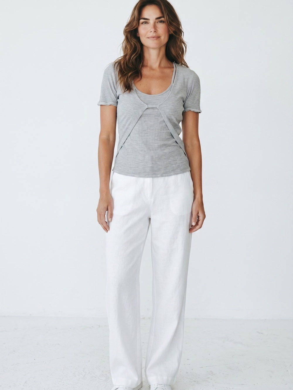 MAXMARA Gray Short Sleeve Ribbed Twofer Top Shirt